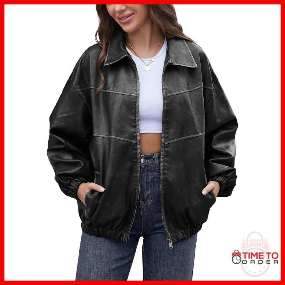Oversized Faux Leather Motorcycle Jacket Vintage Y2K Style Plus Size